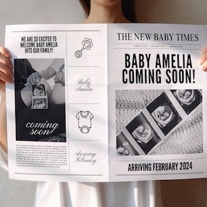 Large newspaper baby announcement, Canva newspaper pregnancy announcement, Pregnancy announcement newspaper, Newspaper baby shower, 073