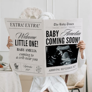Newspaper baby announcement template, Large pregnancy announcement newspaper, Baby reveal news paper announcement, Canva template, 308