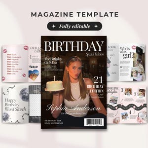 May include: Magazine template with a birthday theme. The cover features a woman holding a cake with a lit candle. Text includes "BIRTHDAY Special Edition" and "Sophia Anderson." Additional pages show articles and a word search.