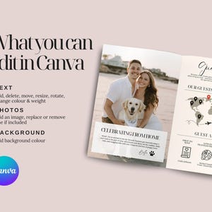 May include: A Canva template design with a light beige background. The left side features text: "What you can edit in Canva". The right side displays a photo of a couple with a dog, and a world map graphic. Text includes "Celebrating from Home" and "Guest Awards".