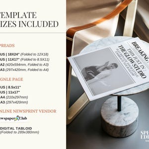Op de afbeelding: Een mock-up van een krantensjabloon met de kop "Breaking News: This Just In: The Glow Studio". De tekst "Illuminate Your Style, Embrace Your Glow" is ook inbegrepen. De sjabloon is beschikbaar in verschillende formaten, waaronder US Letter, A2 en A3. De sjabloon is online te koop.