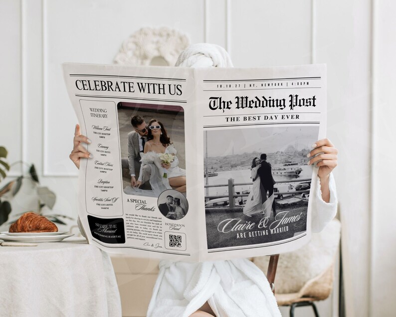 Großes Zeitungs-Hochzeitsprogramm, Canva-Hochzeitszeitungsvorlage, Zeitungsclub-Tabloid-Vorlage, gefaltete große Hochzeitstag-Zeitung, 110 Bild 1