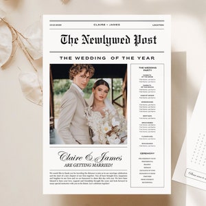 Plantilla de periódico de boda Canva de 2 caras, programa de boda de periódico editable, plantilla de publicación del día de la boda personalizada Canva, tiempos de recién casados, 066