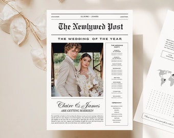 2 sided Canva Wedding Newspaper Template, Editable Newspaper Wedding Program, Custom Wedding Day Post Template Canva, Newlywed times, 066