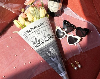 Brudtärneblombukett i tidningspapper, utskrivbart tidningsbrudtärnefrieri, frierikort för brudtärna, redigerbar Canvasmall, 165