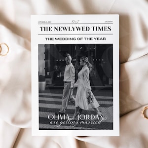 Programa de boda de periódico editable, plantilla de periódico de boda Canva, invitación de boda imprimible, periódico personalizado del día de la boda, 040