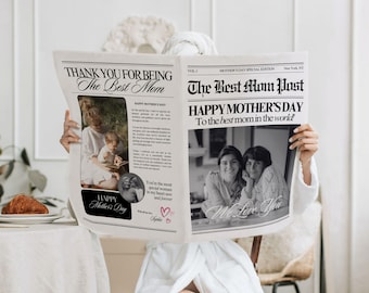 Canva mothers day newspaper template, Editable moms day card, Printable gift for mom, Newspaper flower bouquet wrap, First time mom, 154