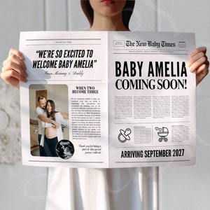 Pregnancy announcement newspaper template, Editable newspaper baby announcement template, Canva newspaper pregnancy announcement, 184