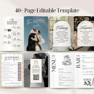May include: A multi-page wedding template with the text "40+ Page Editable Template." The template includes sections for the wedding timeline, ceremony details, reception information, menu, bar, and a "Guess Who" game. The cover features a photo of a couple kissing.