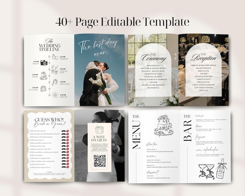 May include: A multi-page wedding template with the text "40+ Page Editable Template." The template includes sections for the wedding timeline, ceremony details, reception information, menu, bar, and a "Guess Who" game. The cover features a photo of a couple kissing.