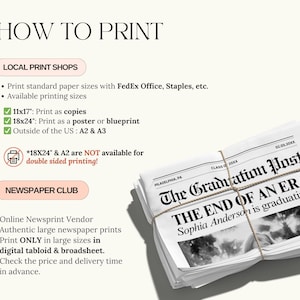 May include: A bundle of newspapers tied with string, with the headline "The End of an Era." The image also provides printing instructions, including options for local print shops and online newsprint vendors, and print size options.