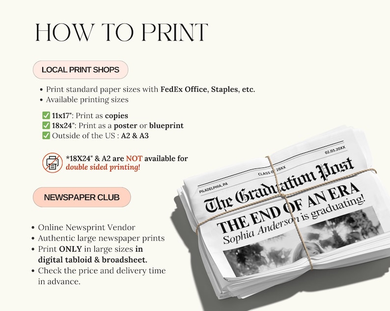 May include: A bundle of newspapers tied with string, with the headline "The End of an Era." The image also provides printing instructions, including options for local print shops and online newsprint vendors, and print size options.
