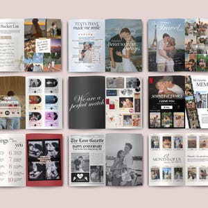 May include: A collection of open books with various layouts, including photo collages, lists, and text. The covers feature titles like "Our Bucket List," "Texts That Made Me Smile," and "The Travel." The pages display photos and text.