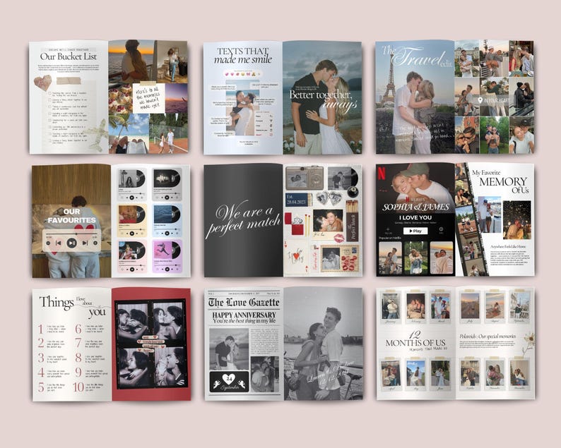 May include: A collection of open books with various layouts, including photo collages, lists, and text. The covers feature titles like "Our Bucket List," "Texts That Made Me Smile," and "The Travel." The pages display photos and text.