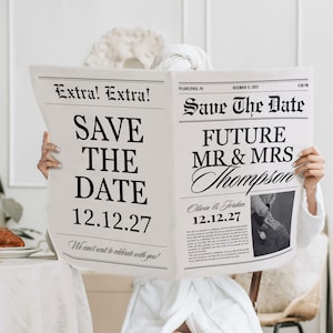 Modèle de faire-part de fiançailles dans un journal, réservez vos dates, futur M. Mme, faire-part de mariage, modèle toile, 177