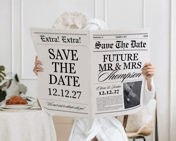 Newspaper Engagement Announcement Template, Save the Date, Future Mr Mrs, Wedding invitation, Canva template, 177