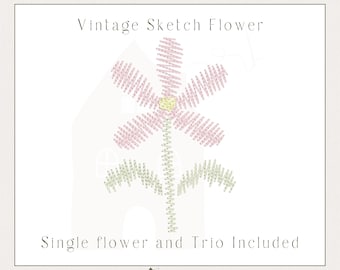 Vintage Sketch Flower, Trio + Single, Embroidery Machine Digital File