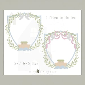 May include: Two embroidery designs featuring a shield shape with a floral wreath, doves, and an ark. The designs include the text "2 files included" and sizes 5x7, 6x6, and 8x8. The bottom of the image has the text "AT HOME WITH BEAR embroidery education & design."