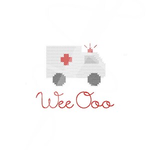 Pu&ograve; includere: Un'ambulanza bianca con una croce rossa e una luce rossa lampeggiante in cima. Le parole "Wee Ooo" sono scritte in rosso sotto l'ambulanza.