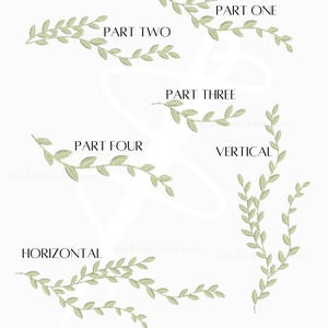 May include: Five different green leafy branch designs, labeled "Part One", "Part Two", "Part Three", "Part Four", "Vertical", and "Horizontal".