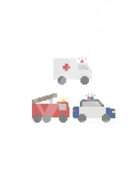 Cross Stitch Ambulance, Police Car, Fire Truck, First Responders PES, digital file