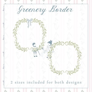 Puede incluir: Diseño digital con dos coronas de hojas verdes, un lazo azul claro e ilustraciones infantiles. El texto "Greenery Border" está escrito en una fuente cursiva. La parte inferior de la imagen dice "2 tamaños incluidos para ambos diseños".