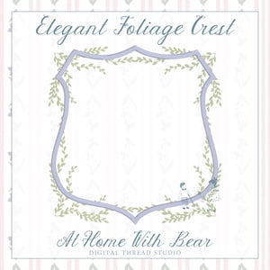 May include: A digital illustration featuring a shield-shaped crest with the text "Elegant Foliage Crest." The crest is outlined in a light purple with green foliage accents. The background is white with a subtle floral pattern and pink stripes.