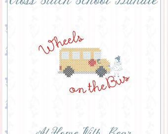 Cross Stitch School Bus, Pencil, Apple Machine Embroidery Design, Digital File