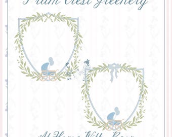 May include: Digital illustration featuring two shield-shaped frames with a leafy wreath design. Each frame includes a baby carriage and figures of children. The text "Pram Crest Greenery" and "At Home With Bear" are also present.