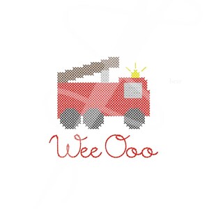 Pu&ograve; includere: Camion dei pompieri rosso con una scala, una luce gialla e ruote nere. Le parole "Wee Ooo" sono scritte sotto il camion.