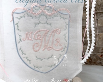 Elegant Curved Crest with Bow, Leaves, 3 sizes Included, Embroidery Machine Digital File
