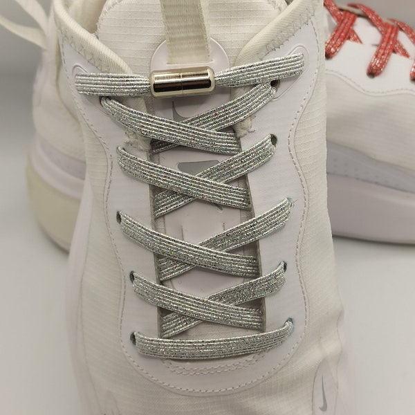 Silver colored ELASTIC LACES for adult and children's shoes and sneakers, shiny metallic look lurex laces, FR laces shop