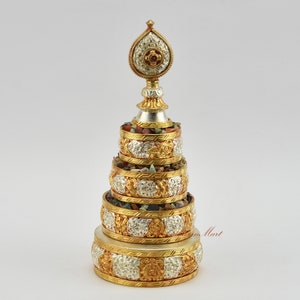 Gold & Silver Plated Fine Quality Tibetan Buddhist Copper Mandala Set from Patan, Nepal – Ritual Mandala Offering Shrine, Altar, Monastery