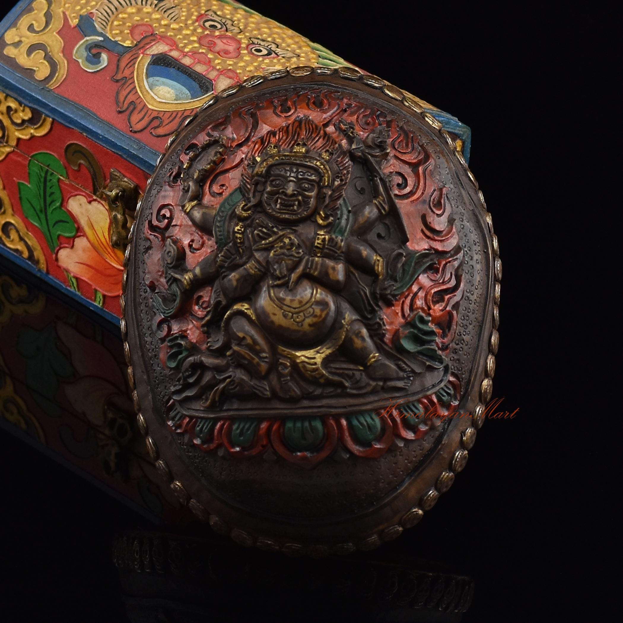 Hand Carved Black Mahakala Resin Kapala: Tibetan Buddhist Altar
