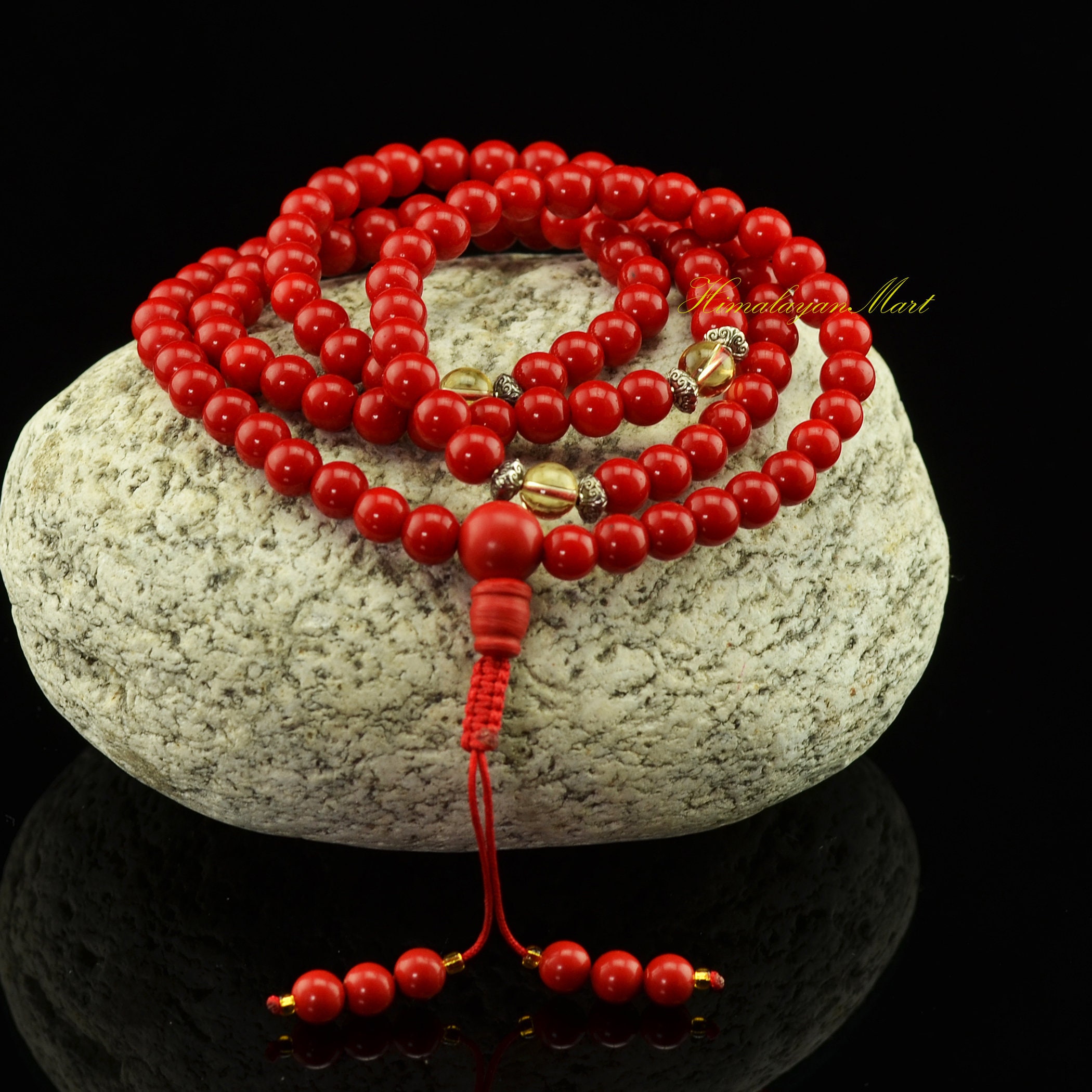 Fine Quality 8 mm Coral Beads with Citrine Partition Beads Tibetan Buddhism Spiritual Meditational 108 Prayer Beads Japa Mala