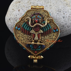 Beautifully Hand Carved Garuda & Green Tara Silver Tibetan Religious Ritual Jewelry Ghau Pendant Prayer Box from Patan, Nepal