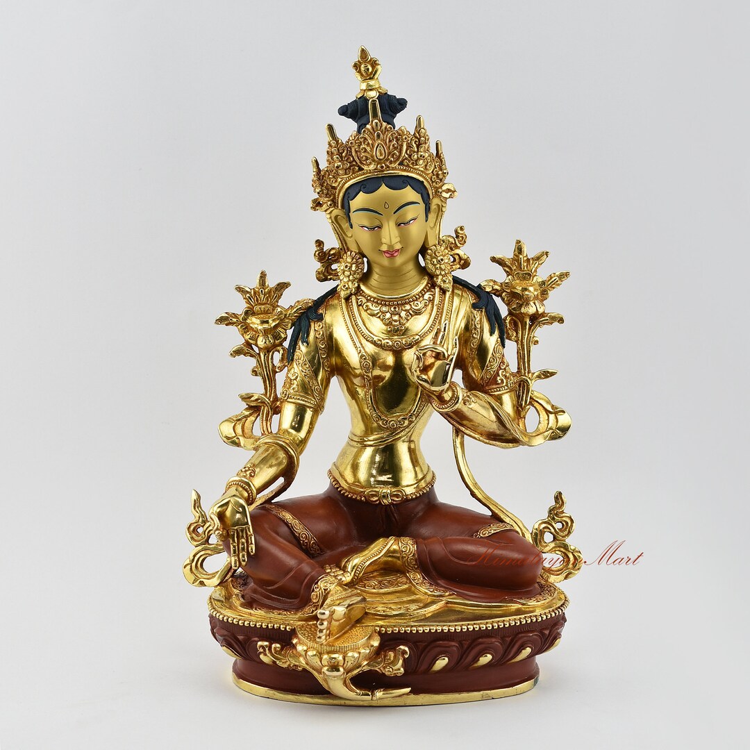 Gold Gilded Green Tara Statue: Hand-painted Copper Buddhist Rupa - Etsy