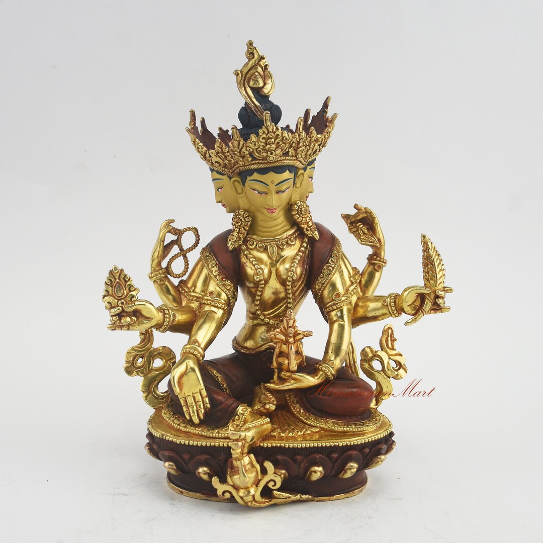 Gold Gilded Vasundhara Statue: Hand-carved Tibetan Buddhist Copper Rupa ...