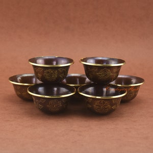 Fine Quality Water Offering 7 Pieces Bowls Set made from Oxidized Copper Gold Gilded for Altar Shrine Monastery Religious Water Offering