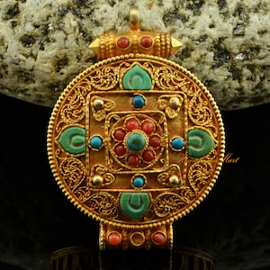 Fine Quality Gold Plated Silver Tibetan Ritual Hand Made Ghau Pendant Prayer Box from Patan, Nepal