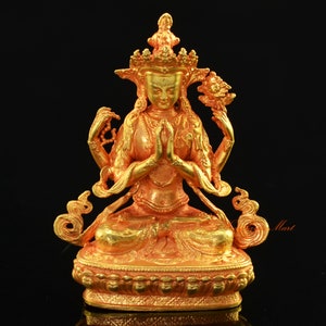 Fine Quality Gold Plated Chenrezig / Four Armed Avalokiteshvara Statue Small Copper Statue for Altar / Shrine / Monastery from Patan, Nepal