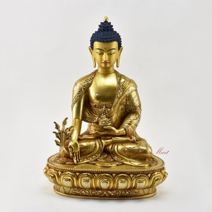 Fine Quality Hand Carved 24 Karat Gold Gilded Hand Painted Face Medicine Buddha / Sangye Menlha Copper Ritual Statue Rupa from Patan, Nepal