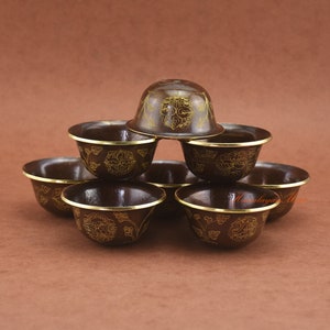 Fine Quality Water Offering 8 Pieces Bowls Set made from Oxidized Copper Gold Gilded for Altar Shrine Monastery Ritual Water Offering