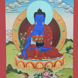 Hand Painted Medicine Buddha Menla Cotton Canvas Tibetan Thangka Thanka Religious Ritual Wall Hanging Scroll Painting from Patan, Nepal
