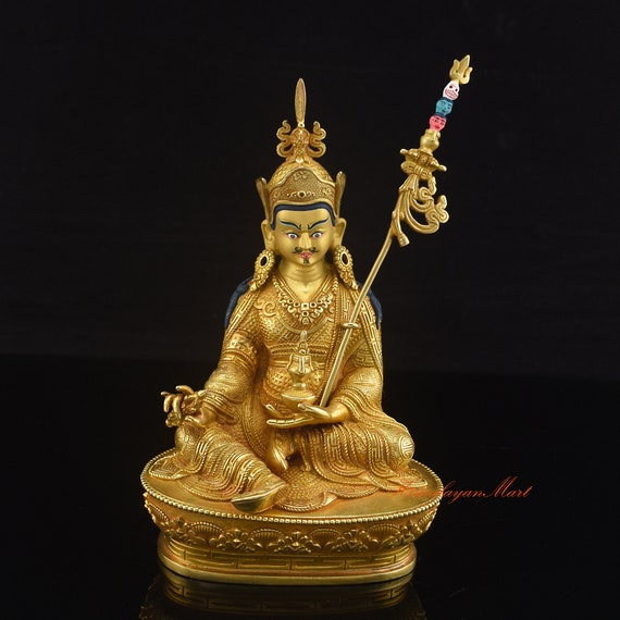 24K Gold Gilded Guru Rinpoche Statue, Tibetan Buddhist Copper Sculpture