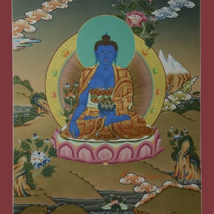 Hand Painted Fine Quality Medicine Buddha Cotton Canvas Tibetan Thangka Ritual Religious Wall Hanging Scroll Painting from Patan, Nepal