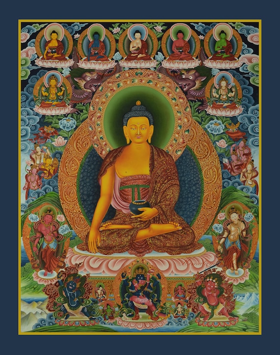 ネパールのパタンから、美しく手描きされた金色の釈迦牟尼仏のネワール