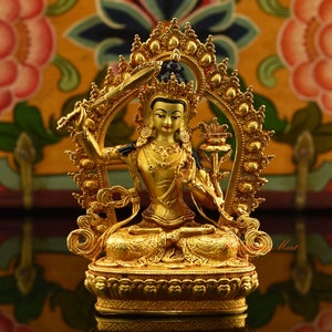 Fine Quality Gold Plated Face Painted Tibetan Buddhist Framed Manjushri / Manjushree / Jambiyang Ritual Copper Statue Rupa from Patan, Nepal