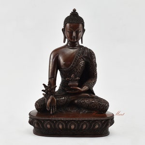 Fine Quality Handmade Tibetan Medicine Buddha / Menla Copper Statue Rupa in Oxidation Finish from Patan, Nepal for Altar Shrine Monastery