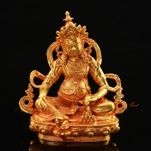 Fine Quality Gold Plated Yellow Jambhala / Kubera Small Copper Statue for Altar / Shrine / Monastery from Patan, Nepal